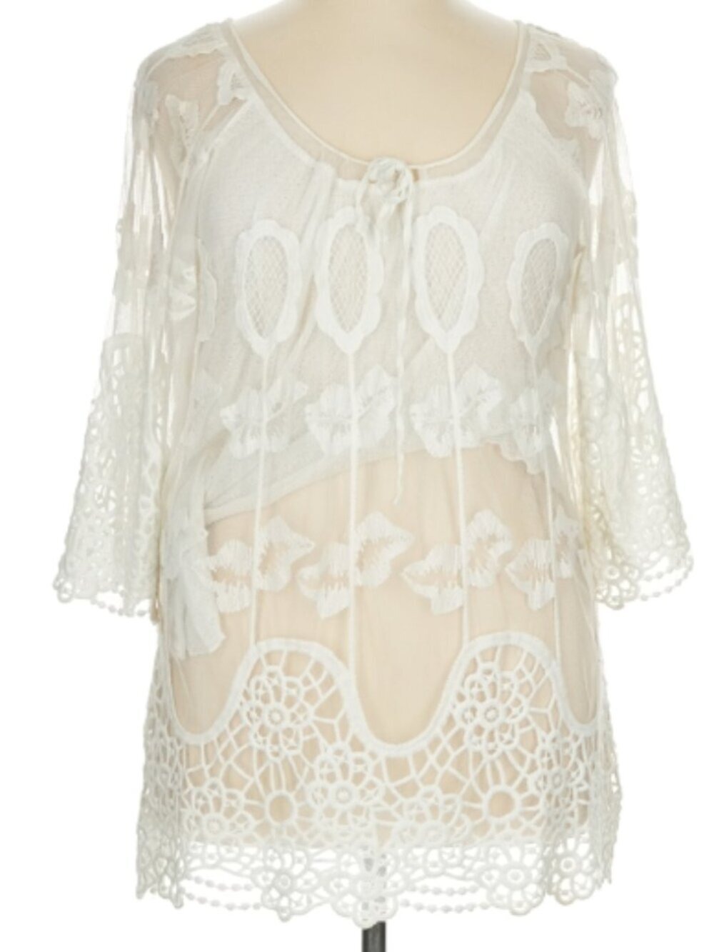 XCVI Sheer White Crochet Lace Boho Tunic Blouse Size Large Swim Cover Vacation